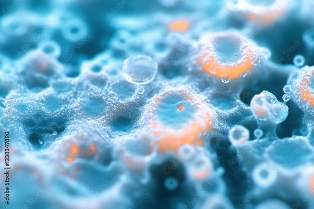 Poster a stunning, close-up view of abstract blue bubbles displaying intricate patterns and vibrant colors 