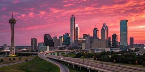 Fototapeta premium Sunset over Dallas skyline with pink sky and highways at night, , sunset, texas, highway intersection