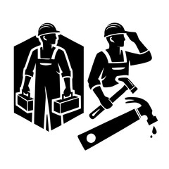 Black and white illustration of two construction workers, one carrying toolboxes and another using a hammer.  Perfect for industrial or construction themes.