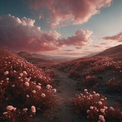 A surreal landscape where the sky is a blend of rose-red and soft white.
