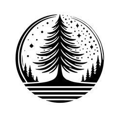 Monochromatic Tree Night Sky Landscape: Minimalist Black and White Nature Illustration