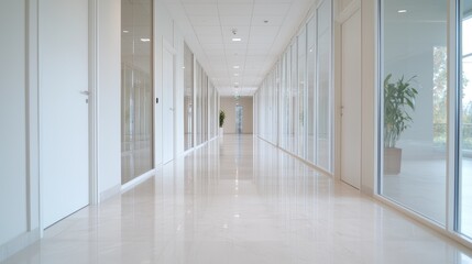 Modern office hallway, bright interior, glass walls, plants, background view