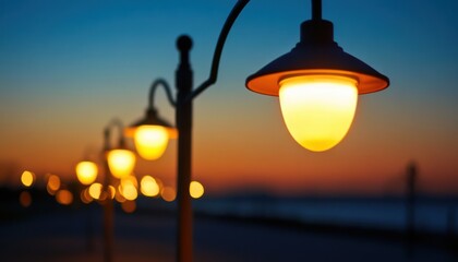 A tranquil evening scene featuring glowing street lamps illuminating a coastal walkway at sunset, creating a serene atmosphere.