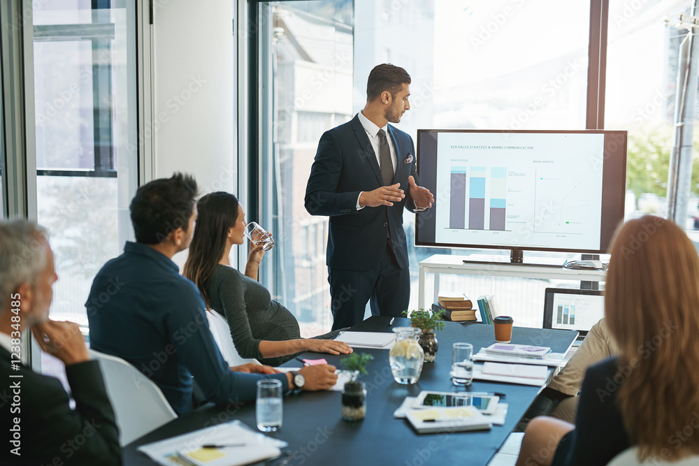 Poster business man, presentation and monitor in office with group for b2b strategy, speech and graphs. per