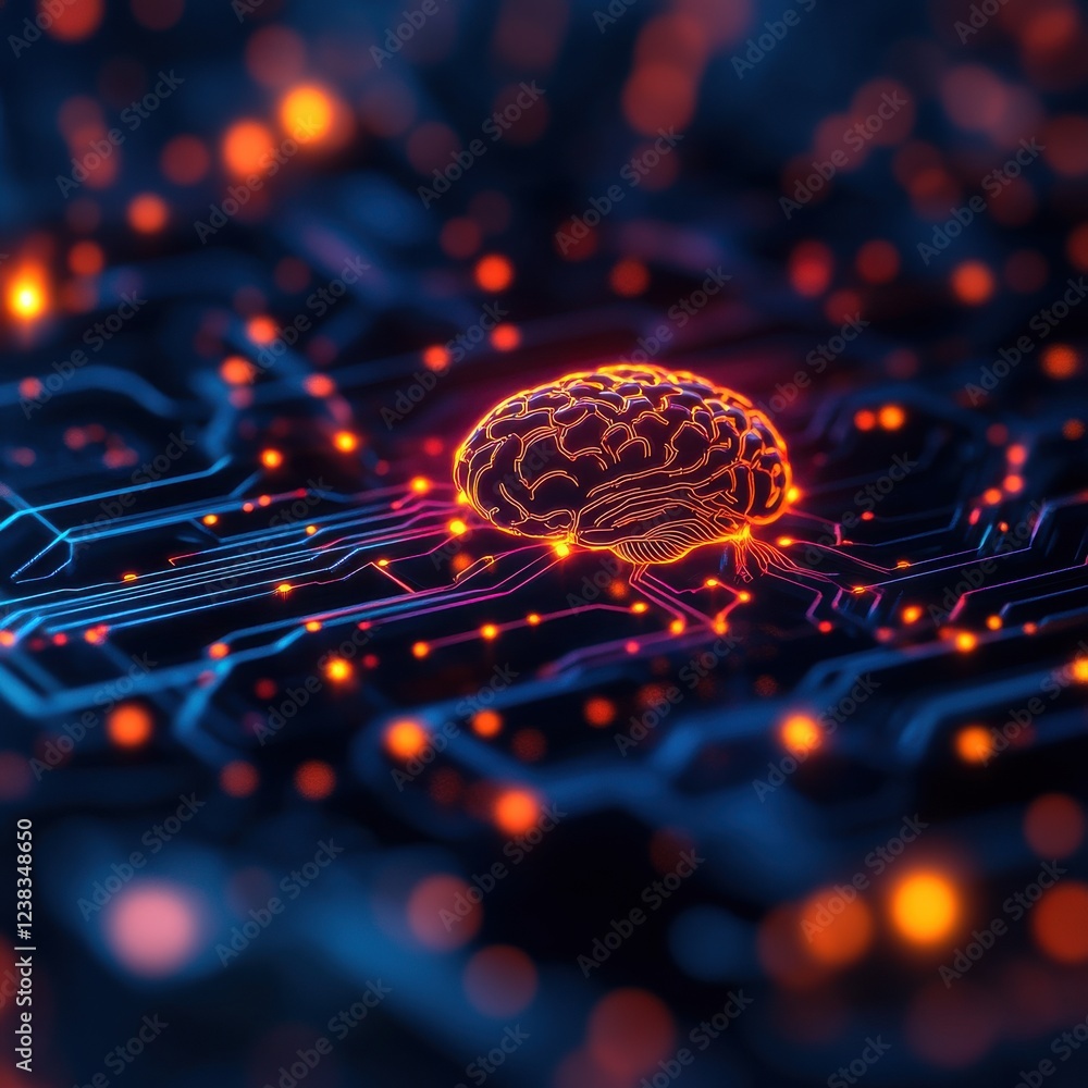 Poster a vibrant illustration of a brain interwoven with circuit patterns, symbolizing the fusion of techno