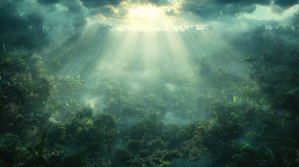 Fototapeta premium Sunbeams Illuminate Lush Tropical Rainforest Canopy