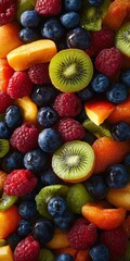 Obraz premium A vibrant mix of fresh, colorful fruits including kiwi, raspberries, blueberries, and melons, perfect for healthy recipes.