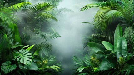 Naklejka premium Lush Tropical Rainforest Scene With Mist And Rain