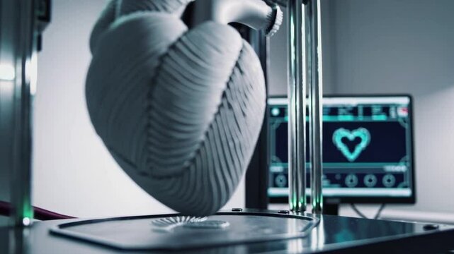 The video opens with a wide shot of a laboratory setup, focusing on a 3D printer forming a heart. The camera transitions from the overall view to close-ups, 