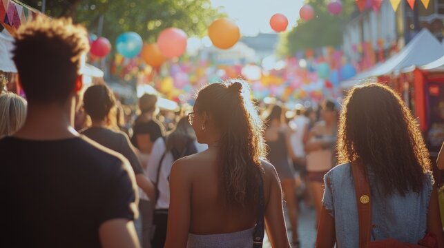 Colorful festival atmosphere with people enjoying vibrant lanterns and stalls in a bustling street market.