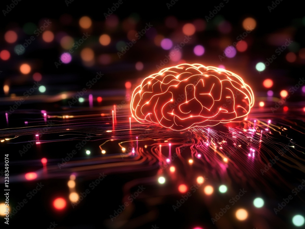 Poster a vibrant, illuminated brain representation amidst a colorful array of light particles, symbolizing 