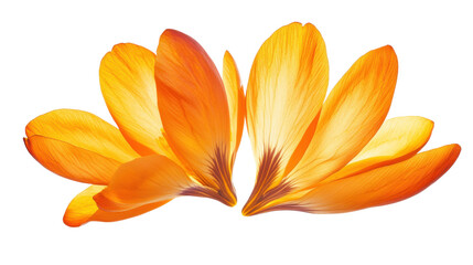 Two orange crocus flowers showing petals with transparent background