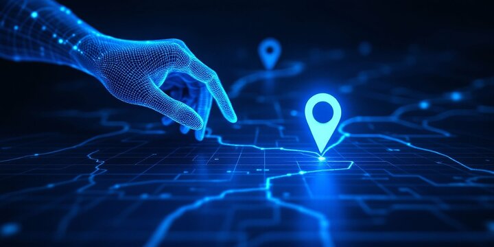Digital navigation and location pin on futuristic interface. Human hand pointing at glowing blue map marker in dark virtual network space. Technology concept for gps tracking