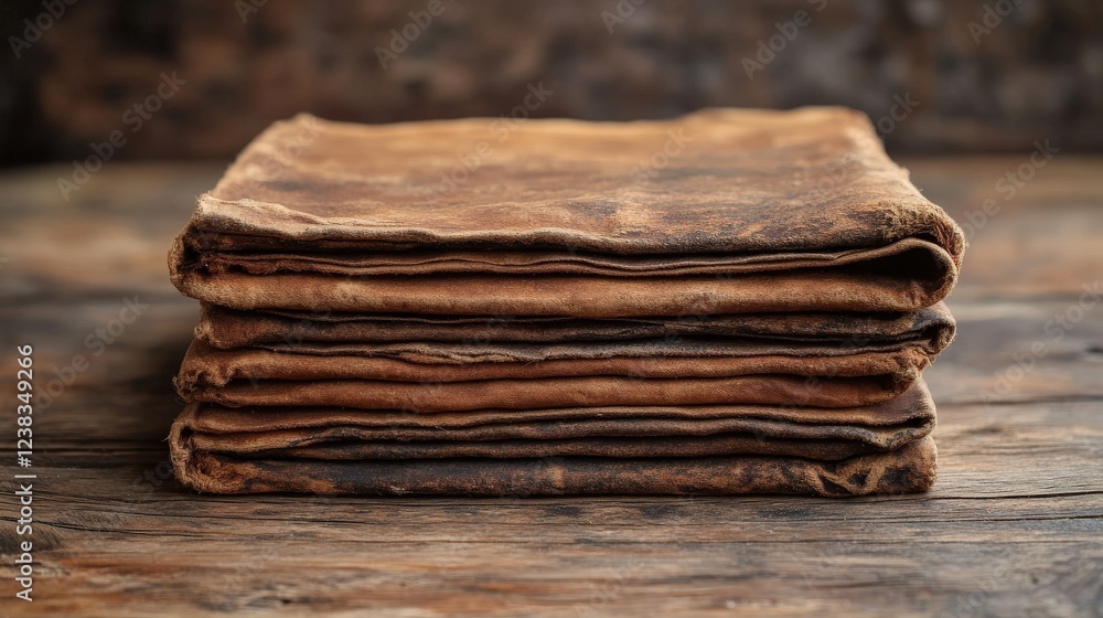 Poster a stack of aged leather sheets resting on a rustic wooden table, showcasing their texture and color