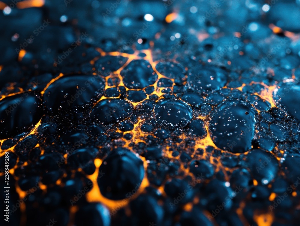 Poster abstract close-up of colorful liquid bubbles in blue and orange tones, creating a mesmerizing visual