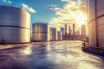 Industrial landscape featuring large storage tanks under a vibrant sky, illuminated by sunset, with a city skyline in the background.