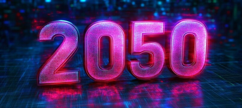 Glowing Neon 2050 Numbers on Digital Abstract Background Futuristic Technology Design.
