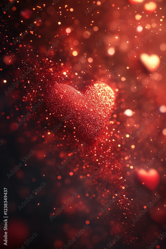 Poster a sparkling red heart, glittering with light and surrounded by bokeh.