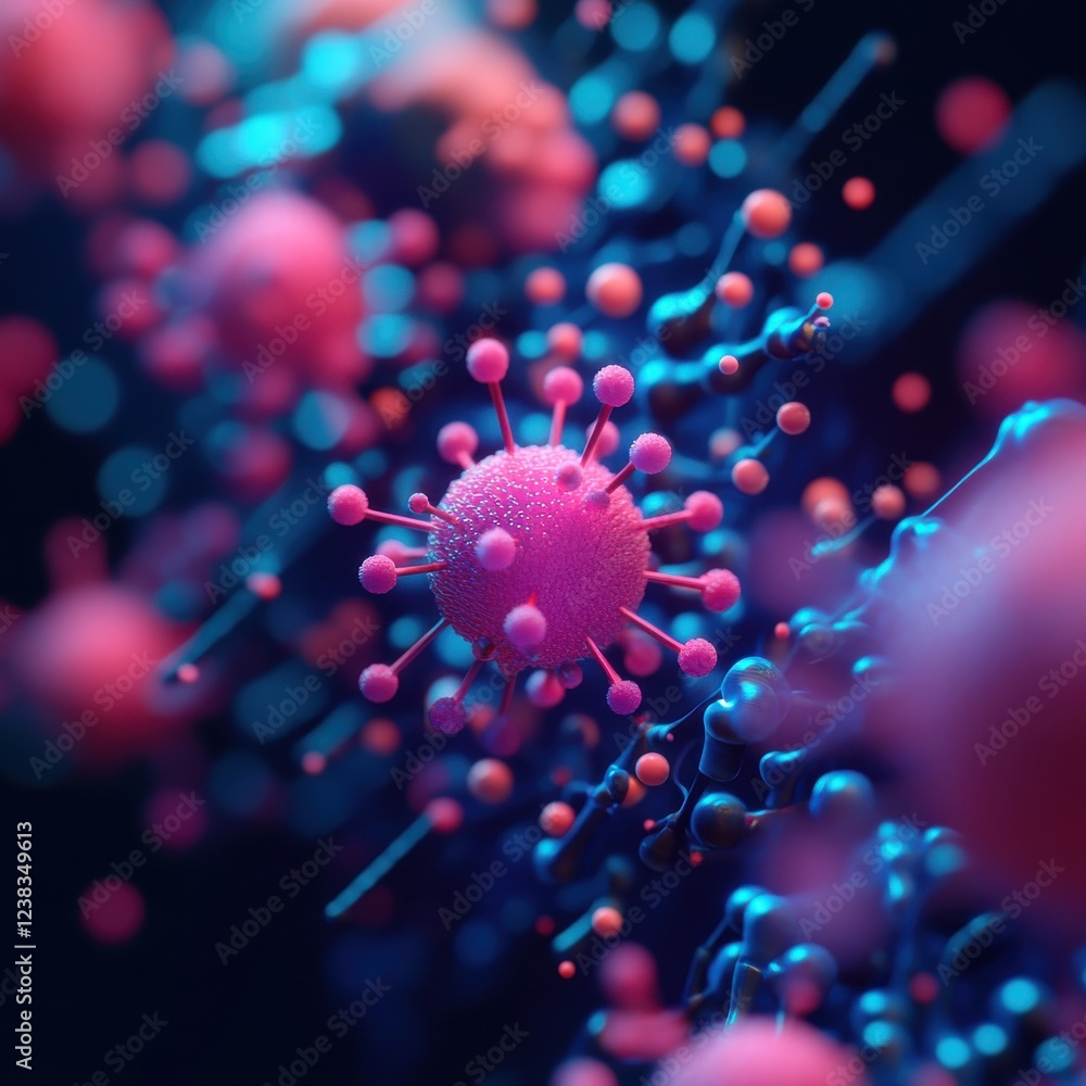 Poster abstract representation of a virus, showcasing vibrant colors and intricate details, highlighting th