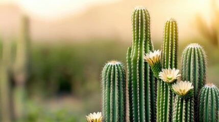 Cactus garden nature idea. A beautiful cactus with delicate flowers blooming in a serene desert landscape.