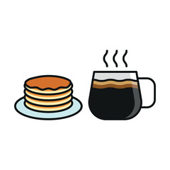 Coffee glass and pancake set icon represents a cozy breakfast and café culture, perfect for bakery branding, menu designs, coffee shop promotions, and food-related visuals.