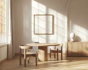 3D rendering of an empty picture frame on the wall in a Scandinavian-inspired interior design, a dining room with a round table and chairs, neutral tones, light wood accents, white walls, curtains, 