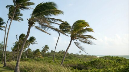 Naklejka premium Swaying palm fronds in gentle tropical breeze, foliage, tropical breeze