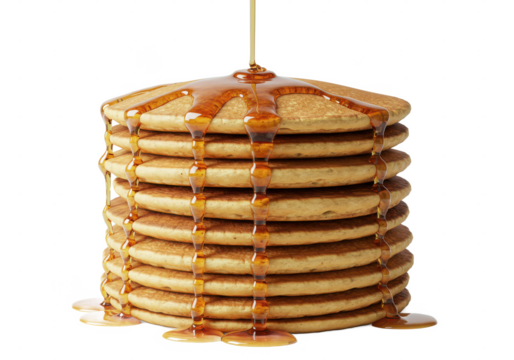 Pancakes stacked with maple syrup isolated on white background, front view, no depth of field, sharp.