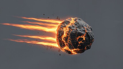 Fiery Asteroid meteor with trails  isolated on a neutral background. 
