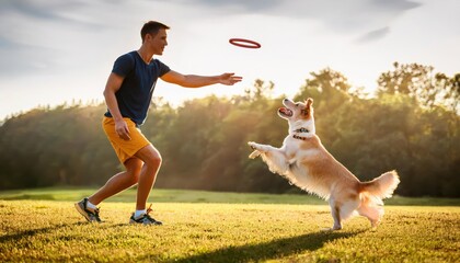 A man joyfully plays with his dog as they enjoy an evening of fun and exercise outdoors.