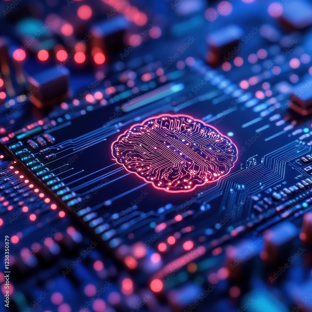 Poster close-up of a vibrant microchip with glowing circuits, representing the future of technology and inn