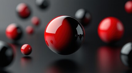 Red black spheres floating dark background abstract design