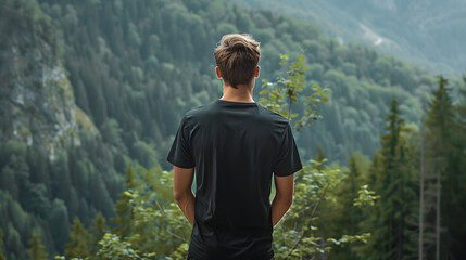 mock up of a man wearing a plain black t-shirt from behind, with a mountain forest background with dense green trees, Ai generated Images