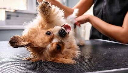 A cheerful dog receives a loving grooming treatment, showcasing its playful spirit and vibrant fur.