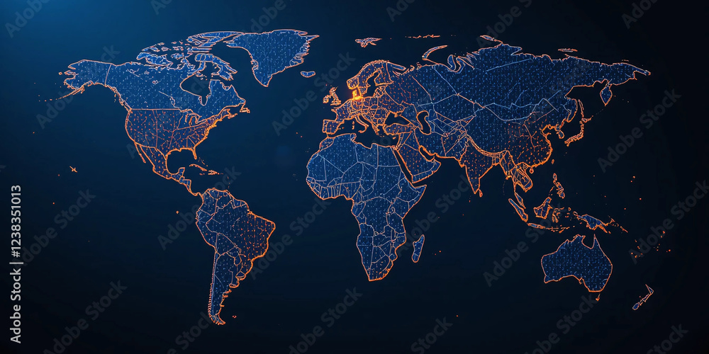 Poster stylized world map with glowing lines, highlighting global connectivity and network. perfect for tec