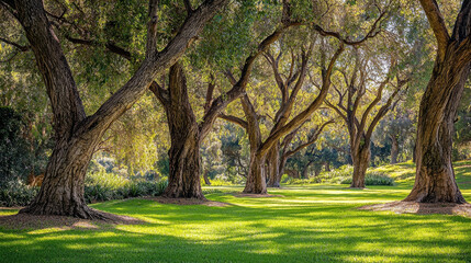 Fototapeta premium Sun-dappled grove with majestic, ancient trees and vibrant green grass.