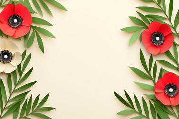 Naklejka premium Paper flowers and leaves frame a pale background.