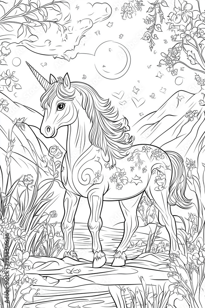 Poster unicorn is standing in a field of flowers. the sky is cloudy and the moon is visible in the backgrou