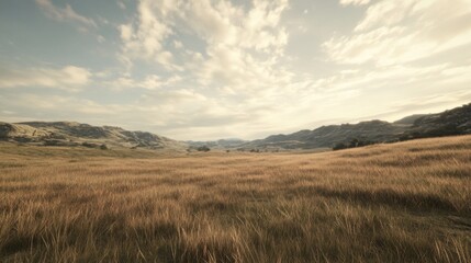 Fototapeta premium Serene valley landscape, golden grass, hills, cloudy sky, nature background