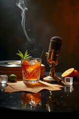 Moody Jazz Club Cocktail with Vintage Microphone and Smoky Ambiance