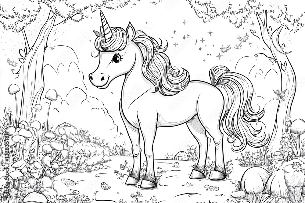 Aufkleber unicorn is standing in a forest with trees and bushes. the unicorn is smiling and looking to the rig