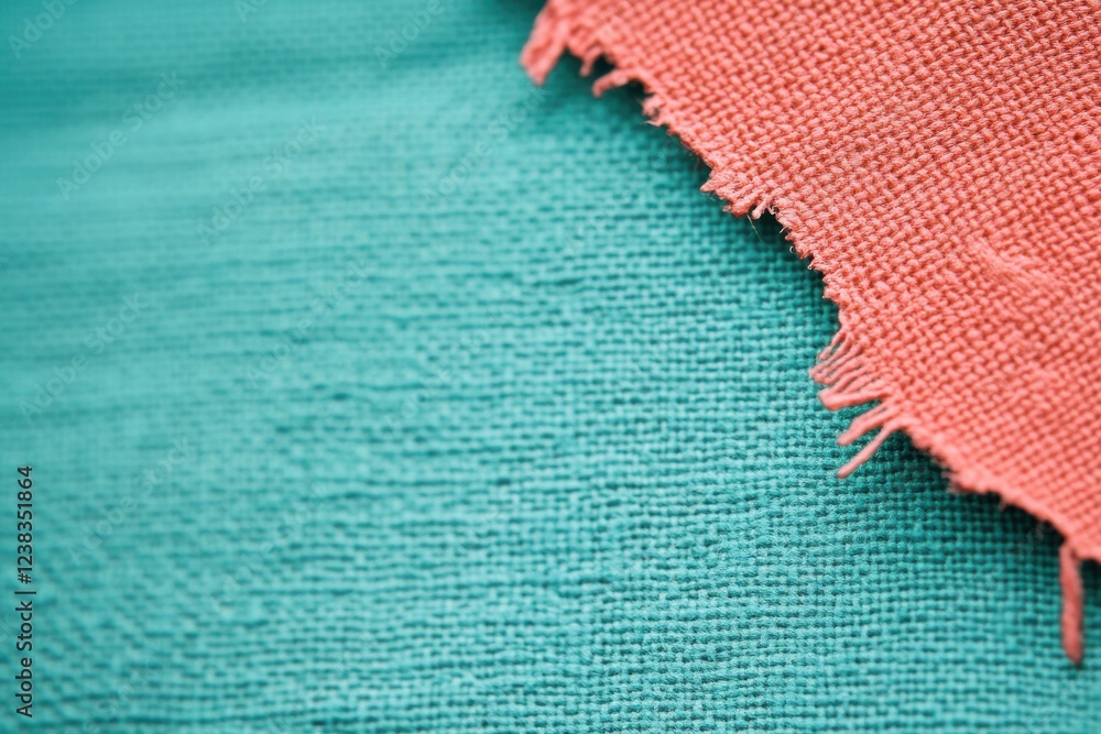 Poster close-up of two textile fabrics in turquoise and coral, showcasing texture and color contrast in a c
