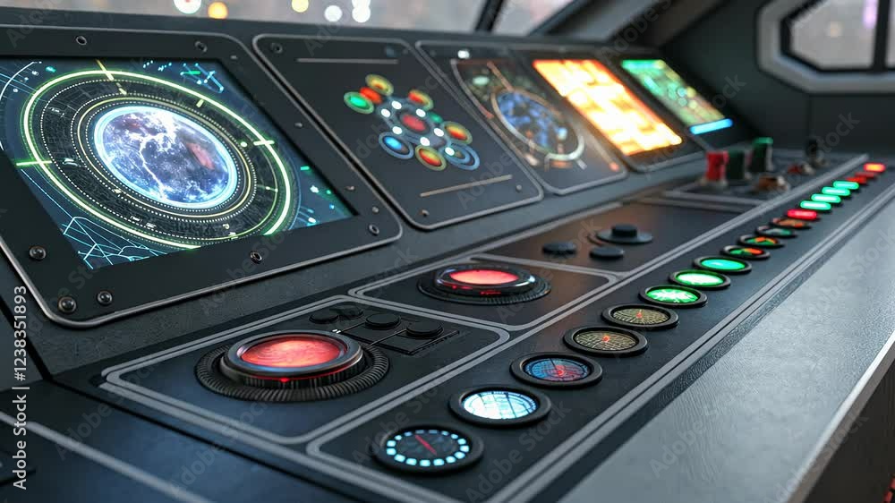 Poster technology background concept, control panel with glowing buttons and screens