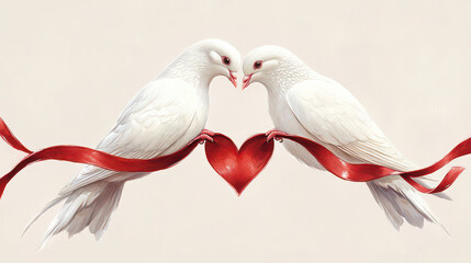 Fototapeta premium Two white doves with their beaks touching, holding a red heart shape love silk ribbon