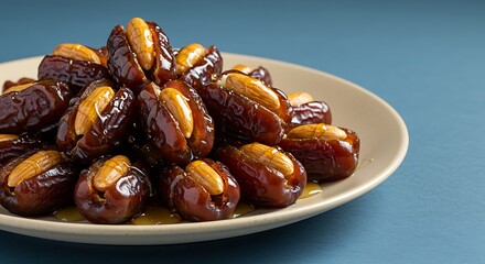 A plate of stuffed dates filled with almonds and drizzled with honey.