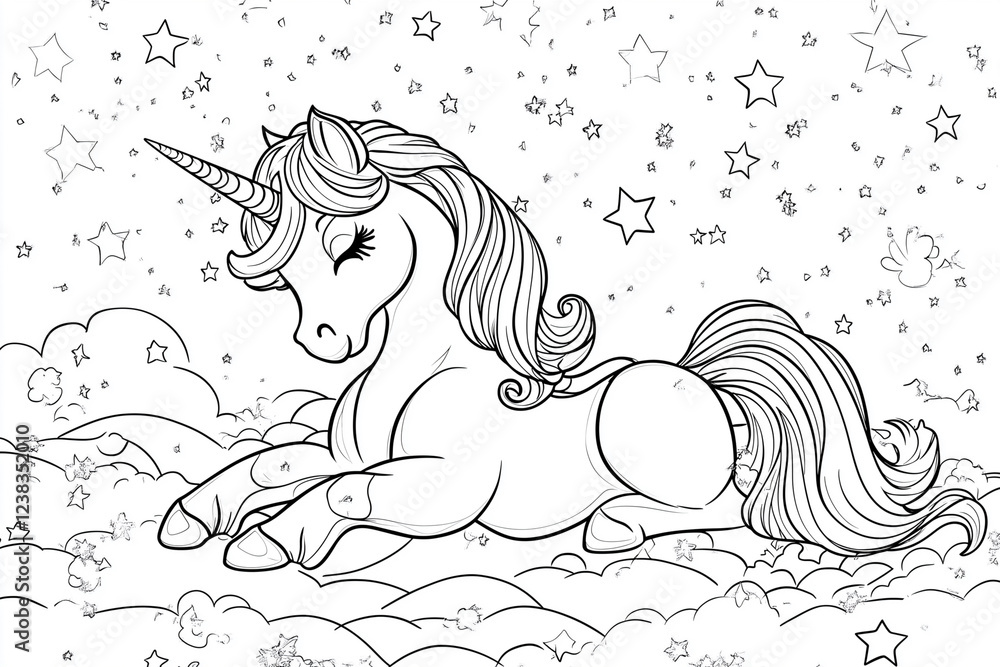 Poster beautiful unicorn is resting in the snow, surrounded by a starry sky. the scene is calm and tranquil