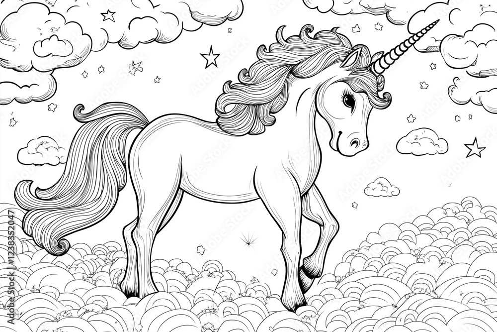 Poster unicorn is walking through a field of clouds. the clouds are white and fluffy, and the unicorn is th