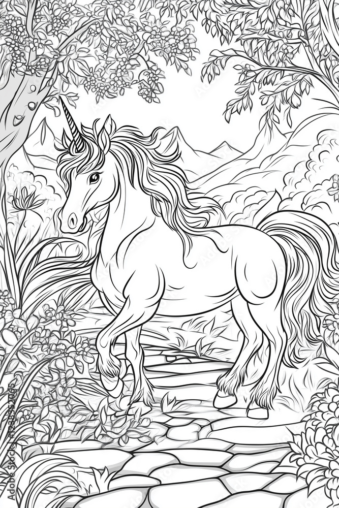 Poster unicorn is walking down a path in a forest. scene is peaceful and serene, as the unicorn is surround