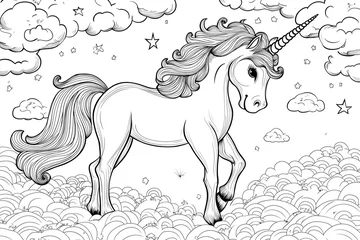 Wall murals unicorn is walking through a field of clouds. The clouds are white and fluffy, and the unicorn is the only animal visible in the scene. Coloring book page. 