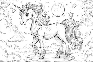 unicorn is standing on a cloud with stars in the sky. Scene is whimsical and magical. Coloring book page. 